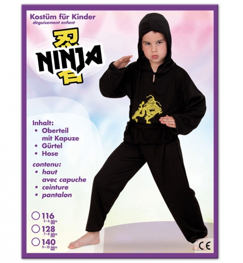 Ninja, Oberteil mit Kapuze, Hose + Gürtel
