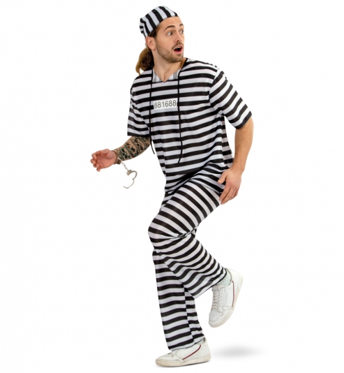 Sträfling Gefangener Knasti Kostüm Shirt, Hose, Mütze