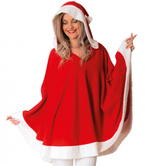 Poncho Nikolaus Weihnachtsfrau mit Kapuze Einheitsgröße