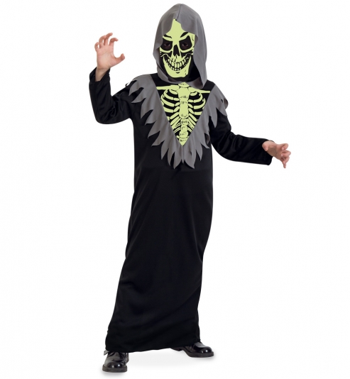 Skelett Kostüm Robe nachtleuchtend mit Kapuze und Maske