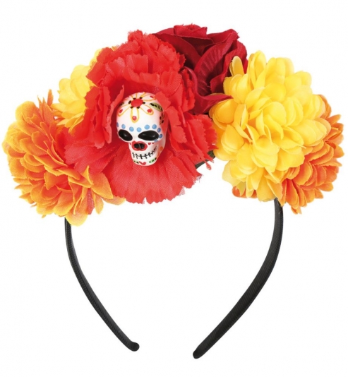 Haarreif Sugar Skull, mit Blumen + Totenkopf