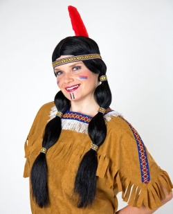 Indianer Zopfperücke mit Stirnband und Feder